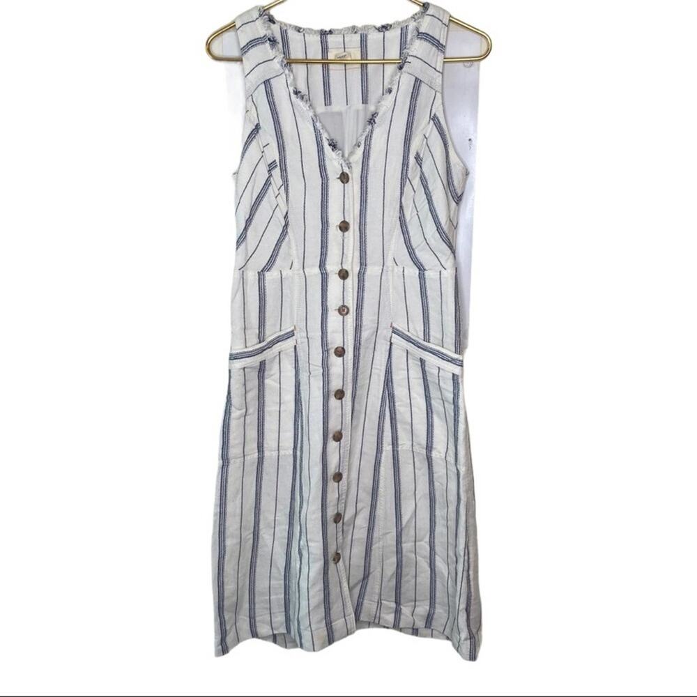 Anthropologie Maeve Dress Linen Button Down Size 4 Nautical Stripes Blue White